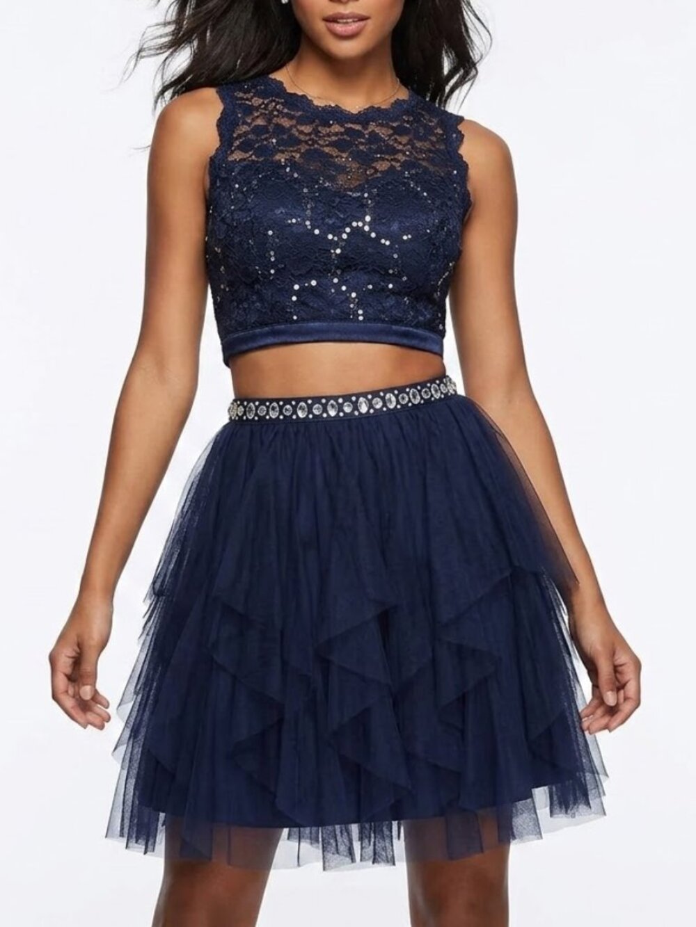 Sequin Hearts Navy Blue 2 Piece Lace Sequin Tulle Homecoming Dress Set Sz 13